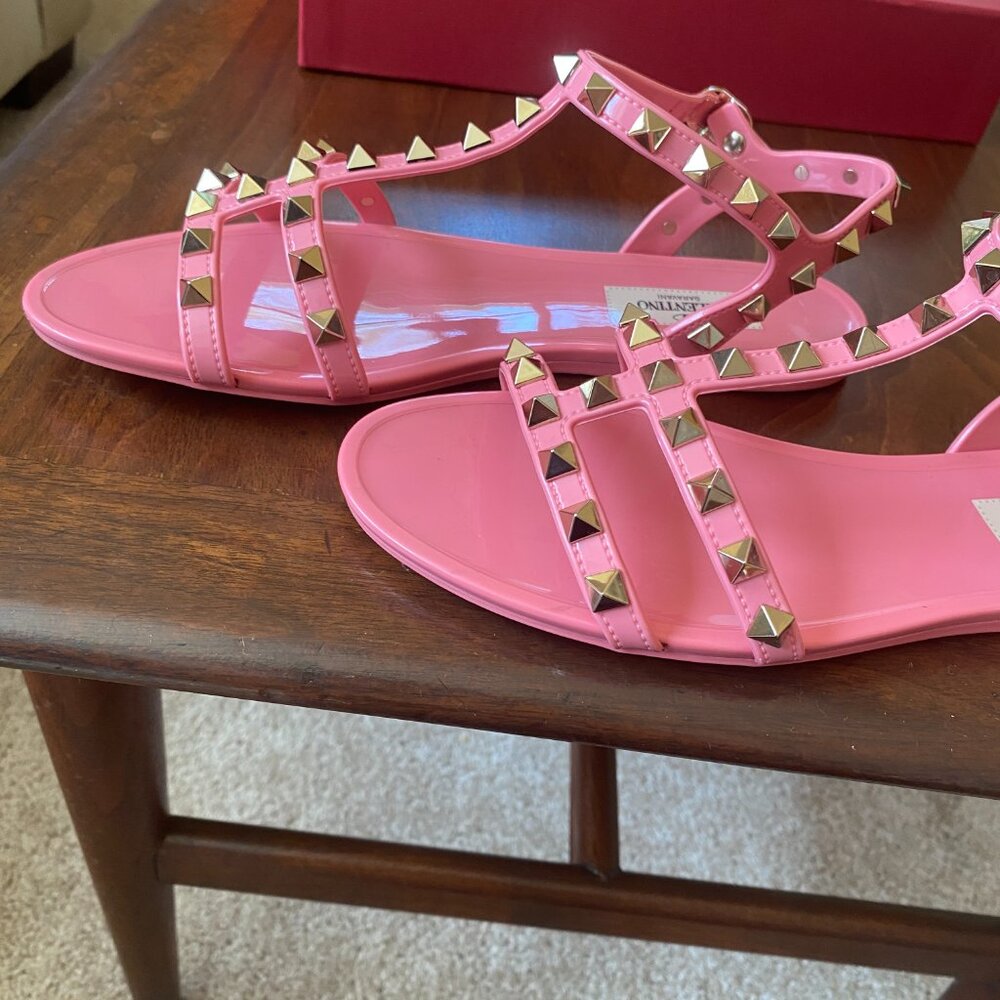 Valentino Pink Rockstud Flat Sandals W/ Gold Studs Sz 36